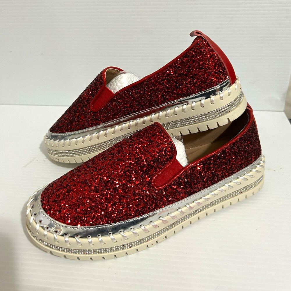 Women’s Red Glitter Slip-On Flats Silver Trim Round Toe Rubber Sole US 9